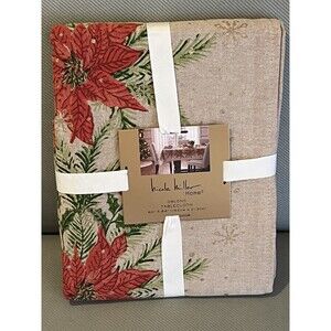 Nicole Miller Cotton Tablecloth Christmas Poinsettia Beige Red Oblong 60x84” New